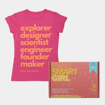 Electrical Engineer STEM kit and flat lay of a pink Smart Girl Squad tshirt for kids.