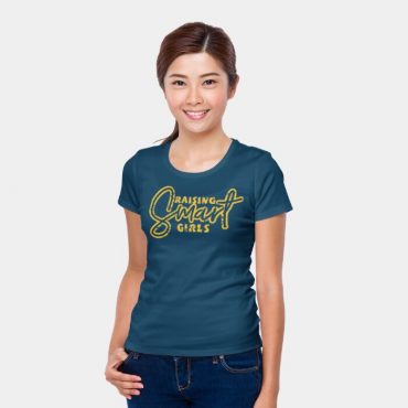 Smiling woman wearing raising smart girls t-shirt